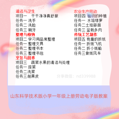山东科学技术版一年级上册劳动教案